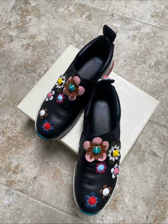 Fendi Shoes - Fendi Black Leather Slip-On Sneakers with Multicolor Floral Appliqués